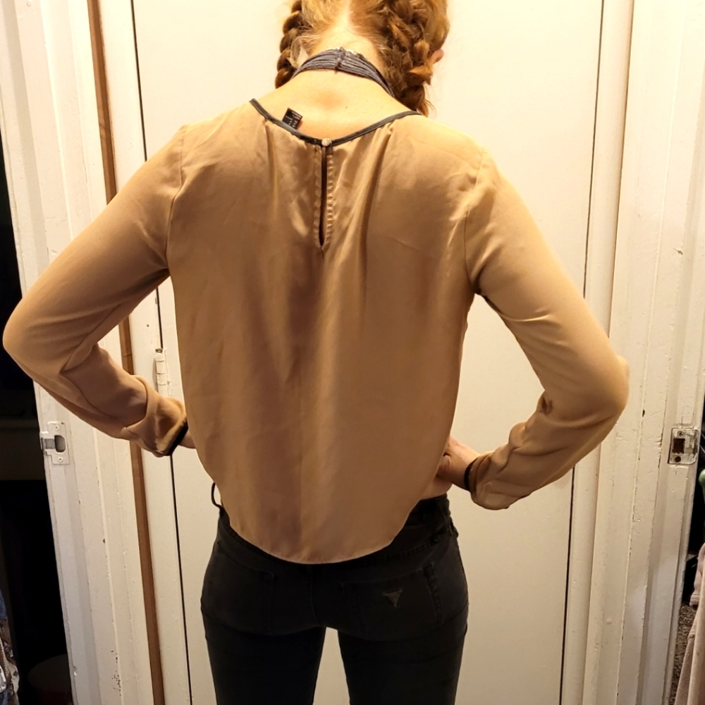 Tan sheer long sleeve button slit back